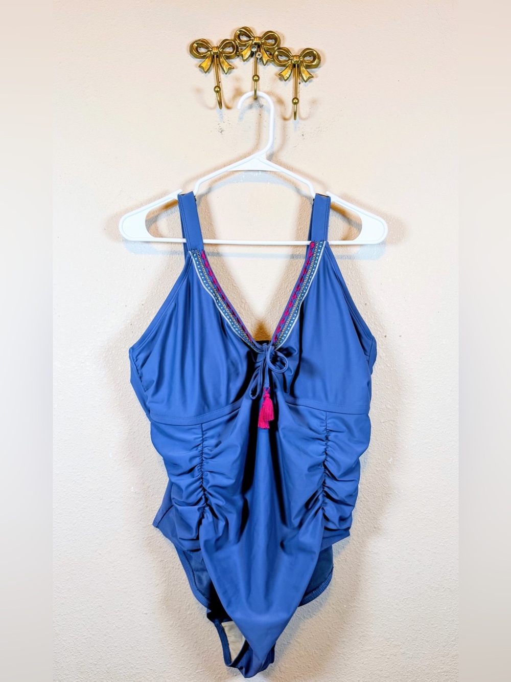 Terra & Sky Blue One-Piece Swimsuit w:V-Neck, Embroidery & Pink Tassel. Size 2X